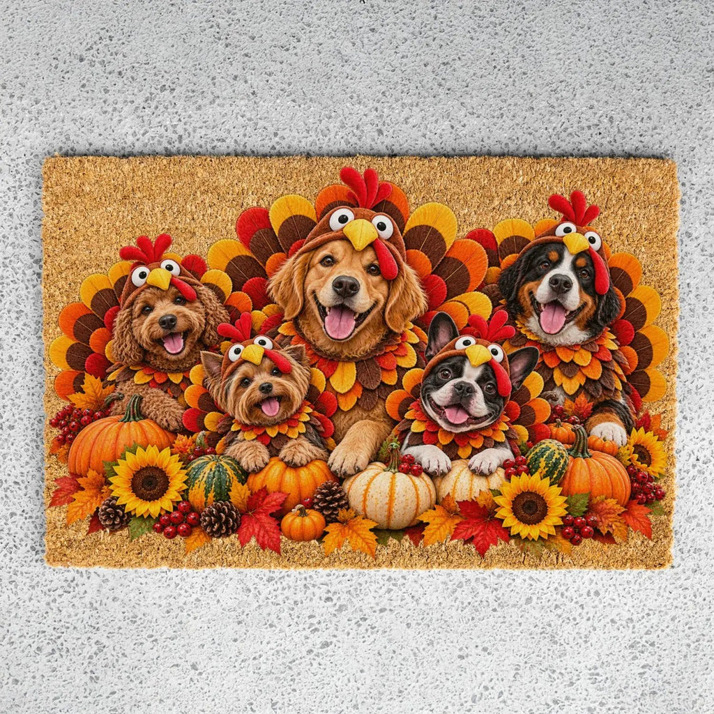 Thanksgiving Dog Doormat, Dogs in Turkey Costumes Coir Mat, Funny Fall Welcome Mat, Dog Lover Gift, Thanksgiving Porch Decor