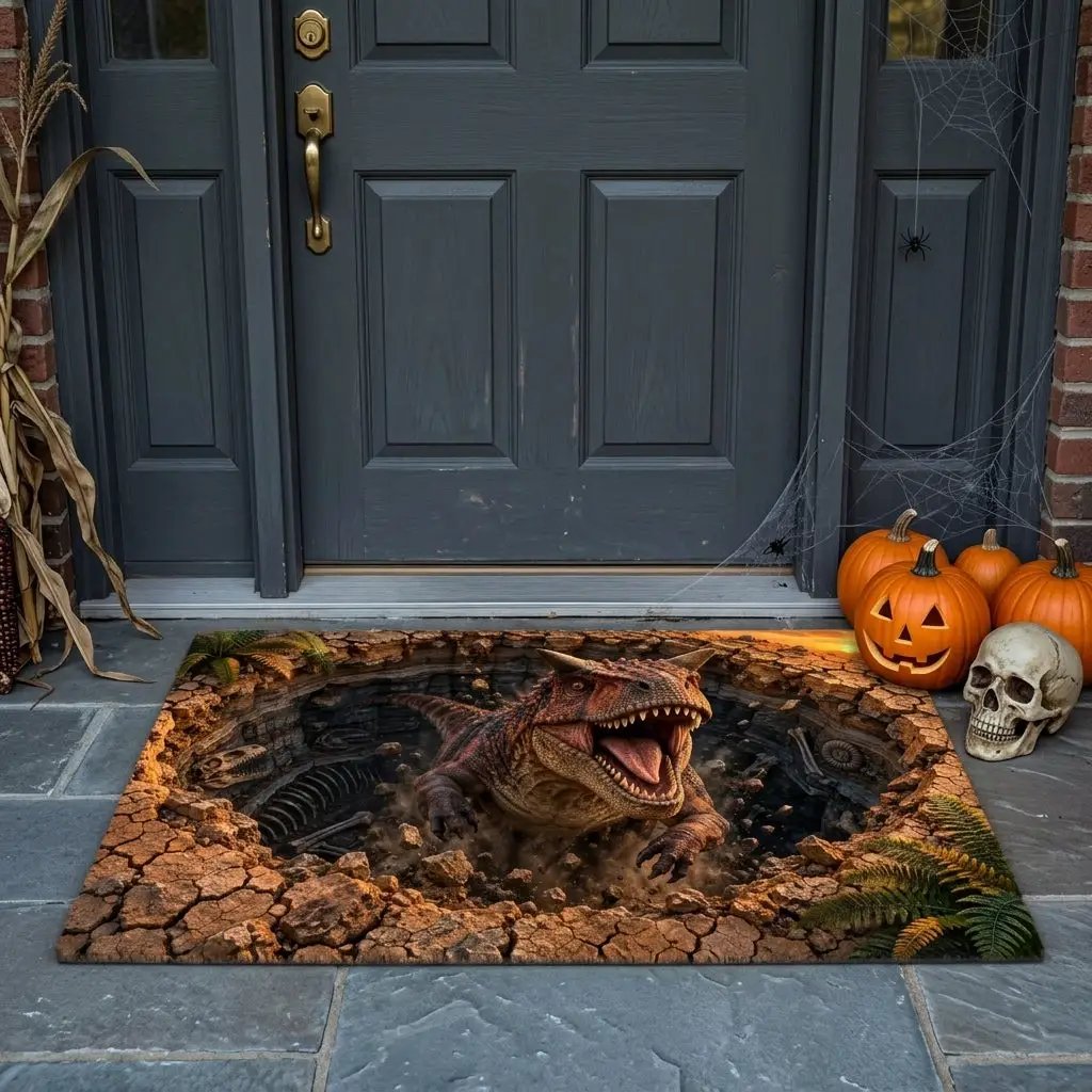 Carnotaurus 3D Optical Illusion Doormat, Dinosaur Fossil Pit Floor Mat, Prehistoric Dinosaur Door Mat, Dino Lover Gift