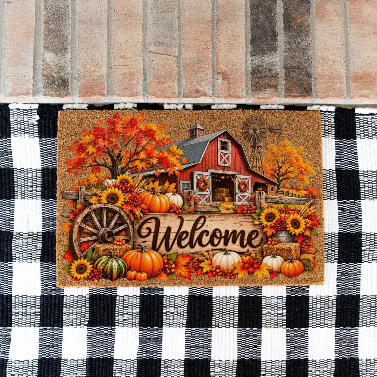 Fall Barn Welcome Doormat, Country Farmhouse Coir Mat, Autumn Pumpkin Door Mat, Harvest Porch Decor, Rustic Thanksgiving Welcome Mat