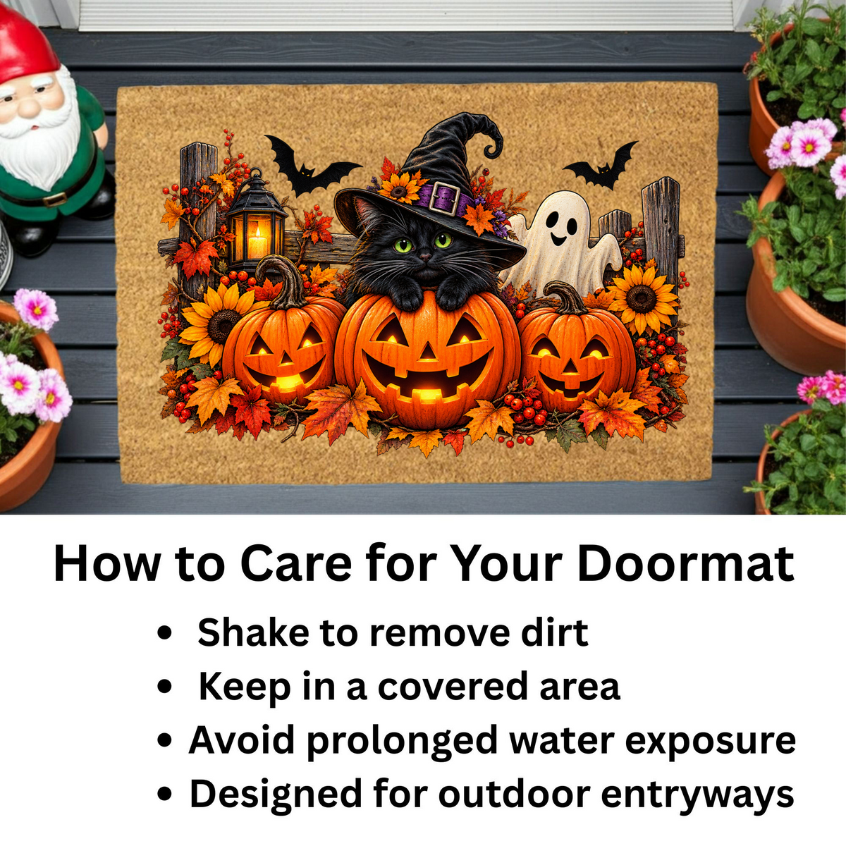 Halloween Cat Doormat, Black Cat Pumpkin Coir Mat, Cute Ghost Welcome Mat, Witch Cat Fall Porch Decor, Spooky Halloween Door Mat