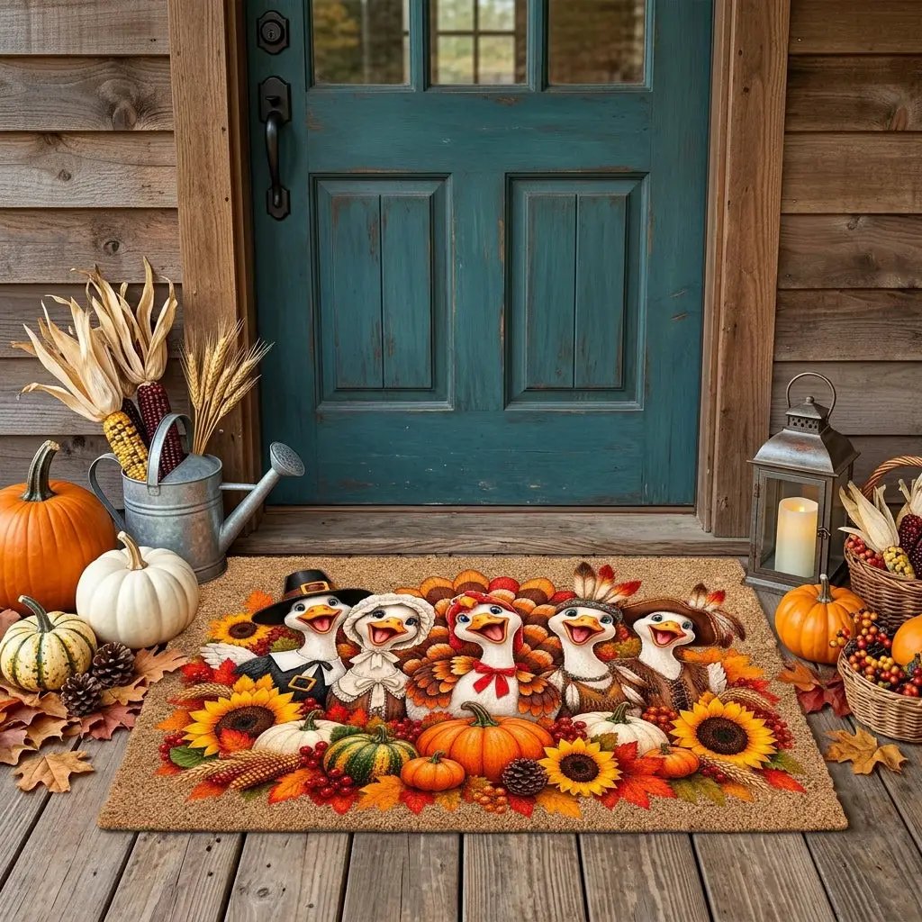 Thanksgiving Goose Doormat, Pilgrim Geese Welcome Mat, Funny Thanksgiving Porch Decor, Fall Coir Doormat, Harvest Front Door Mat