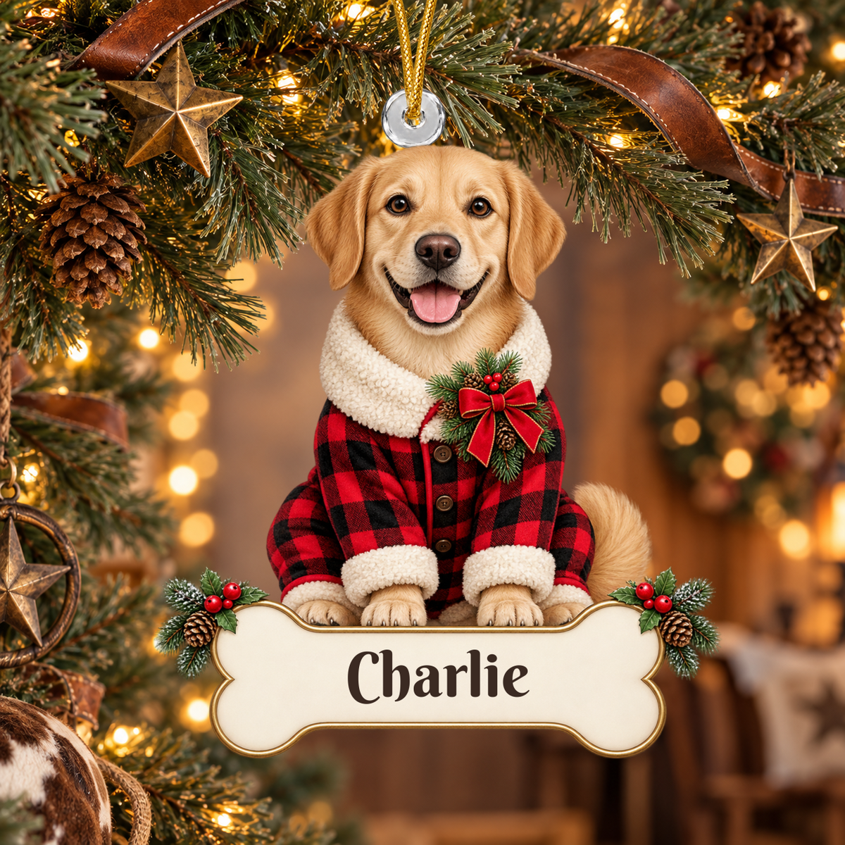 Personalized Dog Buffalo Plaid Pajamas Christmas Ornament from Photo, Custom Pet Portrait Acrylic Ornament, Rustic Holiday Dog Lover Gift