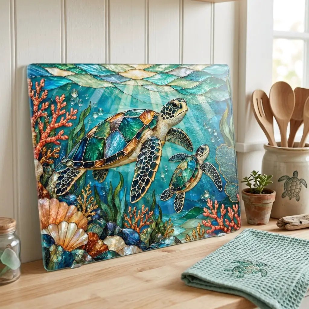 Sea Turtle Cutting Board, Ocean Kitchen Decor, Marine Life Glass Chopping Board, Coastal Sea Turtle Gift, Coral Reef Kitchen Art Piece