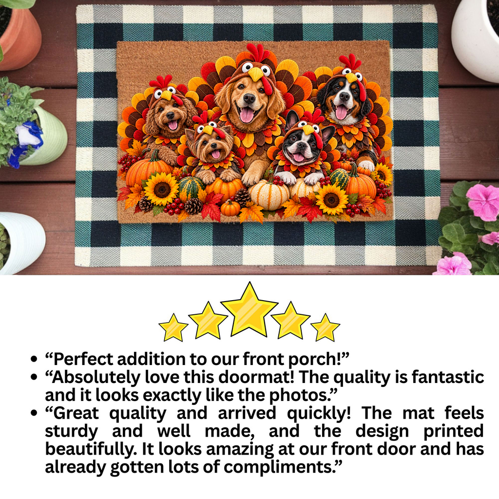 Thanksgiving Dog Doormat, Dogs in Turkey Costumes Coir Mat, Funny Fall Welcome Mat, Dog Lover Gift, Thanksgiving Porch Decor