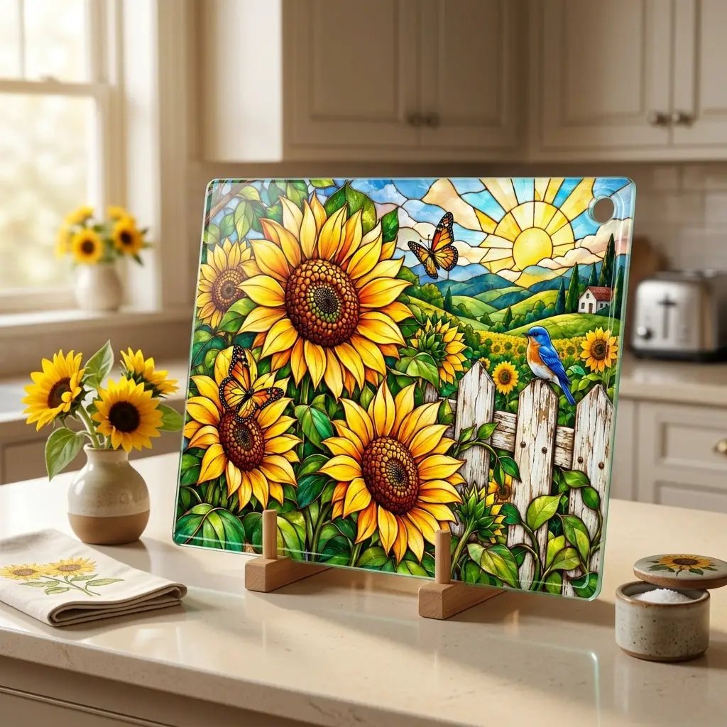 Sunflower Glass Cutting Board, Country Garden Kitchen Decor, Butterfly Sunflower Gift, Bluebird Floral Board, Cottage Kitchen Decor