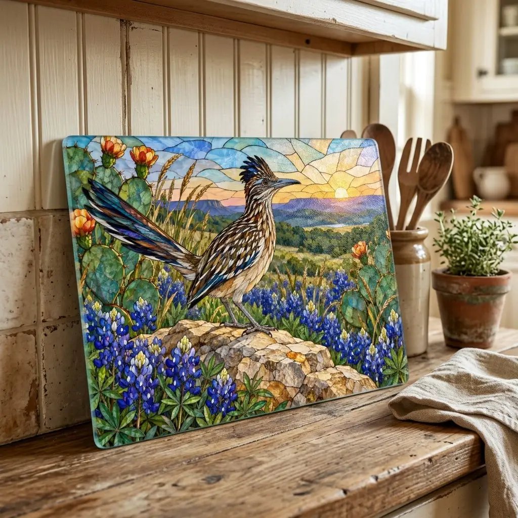 Roadrunner Glass Cutting Board, Southwestern Bird Kitchen Decor, Wildflower Landscape Chopping Board, Nature Lover Gift, Birdwatcher Gift