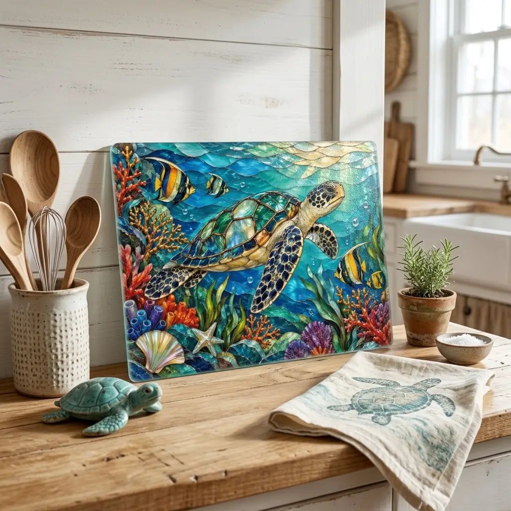 Sea Turtle Reef Glass Cutting Board, Ocean Kitchen Decor, Underwater Coral Sea Life Chopping Board, Coastal Housewarming Gift Idea