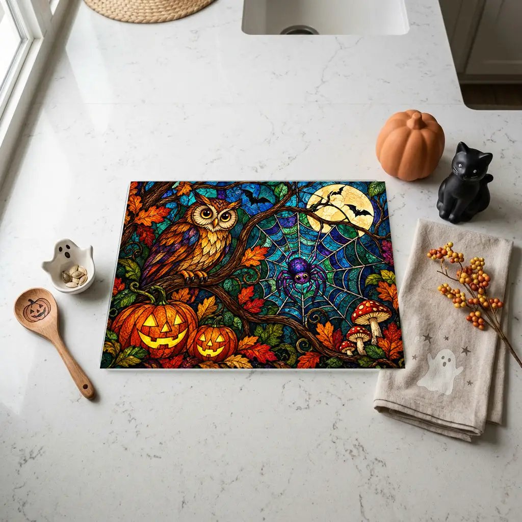 Halloween Owl Personalized Glass Cutting Board, Spooky Spider Kitchen Decor
