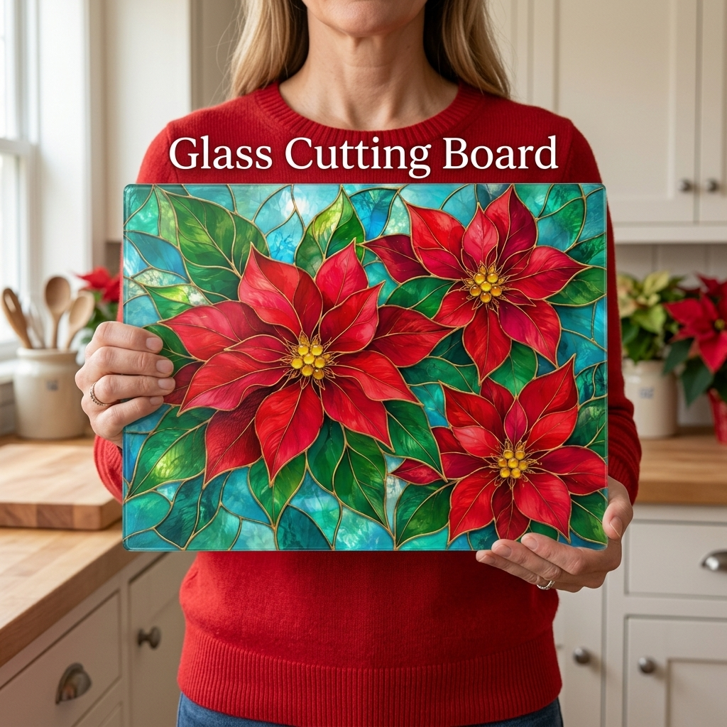 Christmas Poinsettia Glass Cutting Board, Red Floral Kitchen Decor, Tempered Chopping Board, Holiday Cooking Gift for Flower Lovers