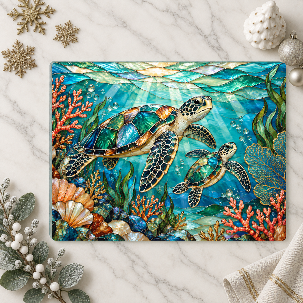 Sea Turtle Cutting Board, Ocean Kitchen Decor, Marine Life Glass Chopping Board, Coastal Sea Turtle Gift, Coral Reef Kitchen Art Piece