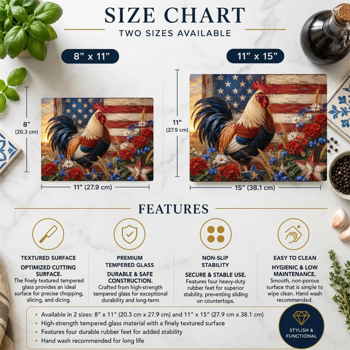 Patriotic Rooster Cutting Board, American Flag Glass Cutting Board, Farmhouse Kitchen Decor, Americana Rooster Gift, Country Kitchen