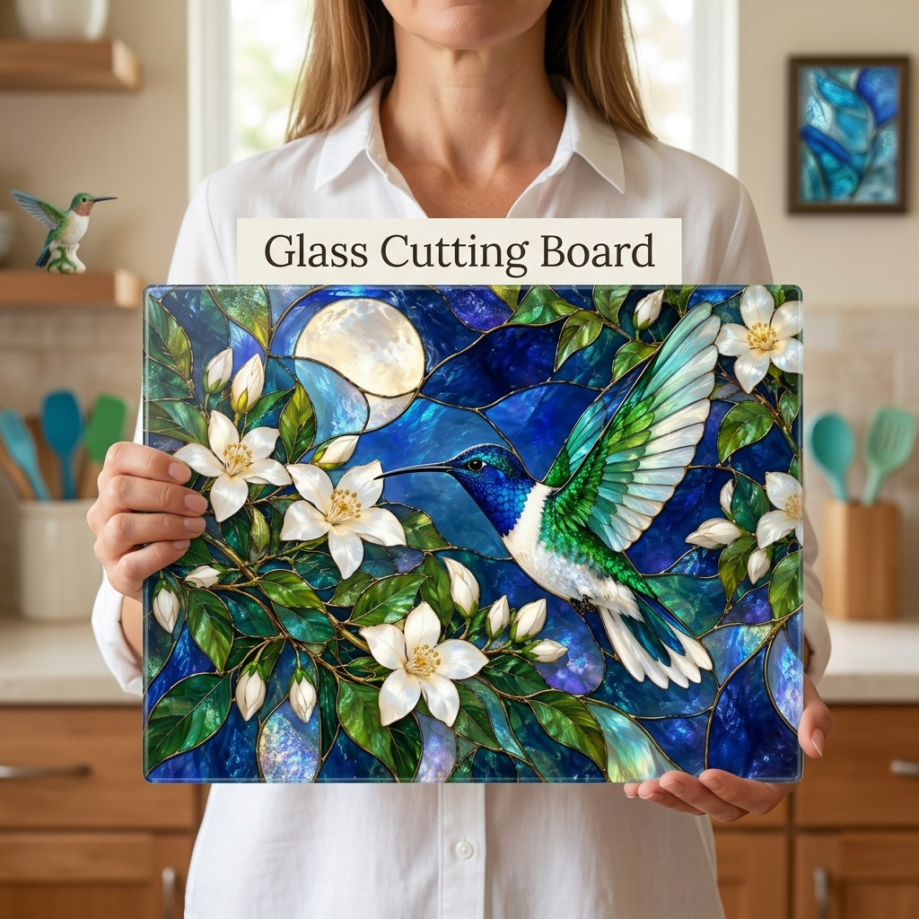 Hummingbird Cutting Board, Stained Glass Bird Decor, Moonlit Jasmine Floral Kitchen Decor, Hummingbird Gift, Nature Lover Gift