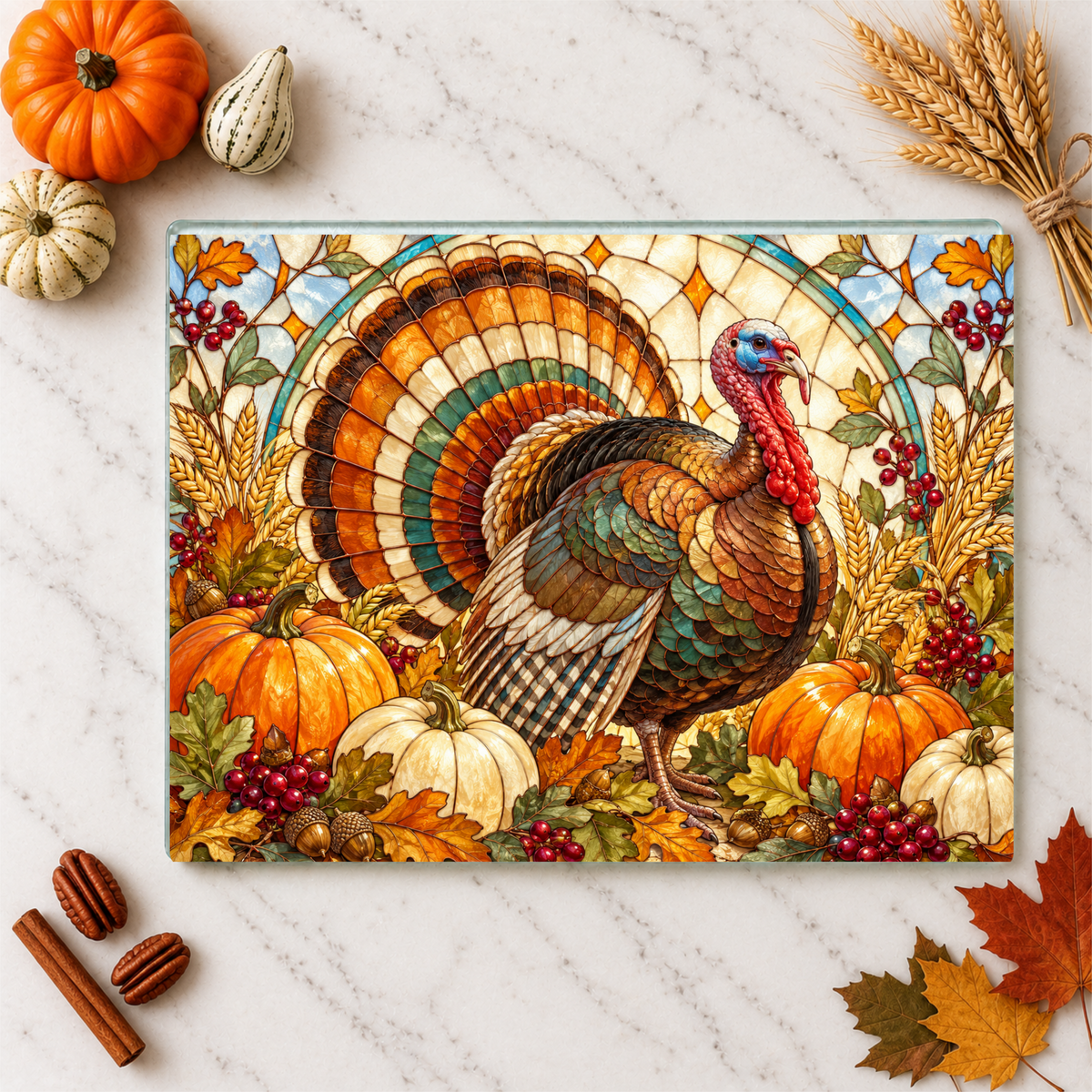 Thanksgiving Turkey Glass Cutting Board, Fall Harvest Kitchen Decor, Pumpkin Turkey Chopping Board, Thanksgiving Hostess Gift