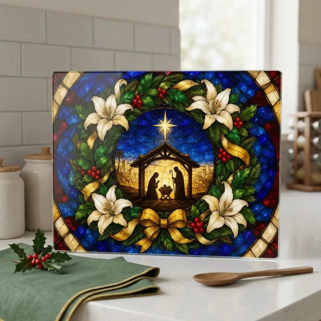 Nativity Glass Cutting Board, Stained Glass Christmas Decor, Holy Family Christian Kitchen Gift, Religious Christmas Cutting Board