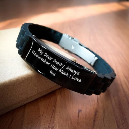 Heartfelt Gift from Me to My Dear Aunty, Glide lock Clasp Adjustable Valentine's Day Jewelry, My Dear Aunty, Always Remember How Much I Love You., Silver Black Stainless Steel Silicone Clasp