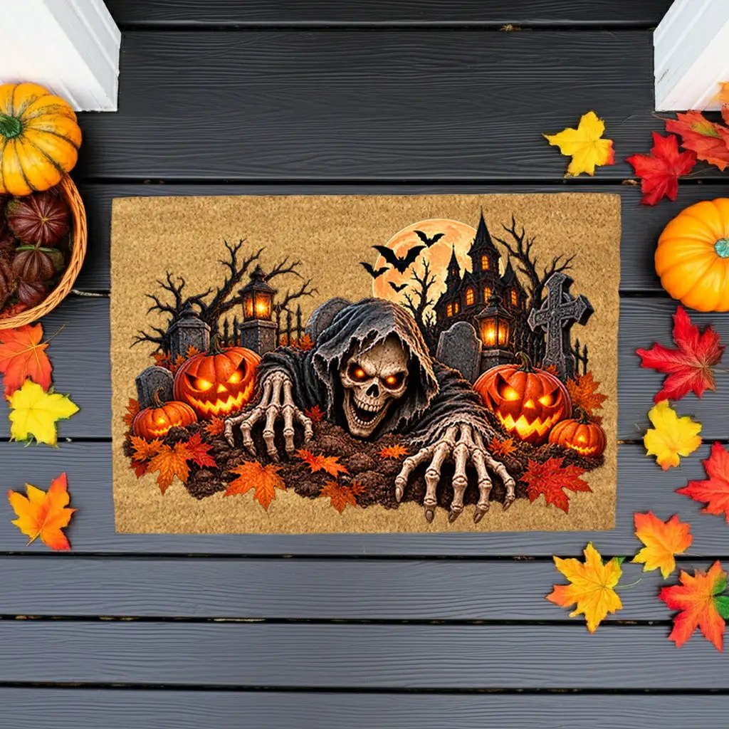 Creepy Skeleton Doormat, Grim Reaper Halloween Coir Mat, Scary Jack O Lantern Welcome Mat, Haunted House Spooky Porch Decor