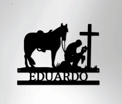 Praying Cowboy with Horse Kneeling at Cross Custom Name Metal Wall Art - Mallard Moon Gift Shop