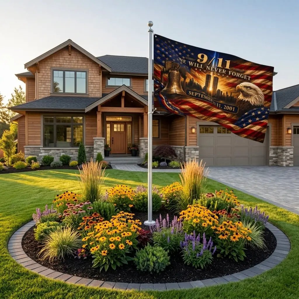 9/11 Never Forget Flag, September 11 Memorial Flag, Double Sided Grommet 911 Remembrance Flag, Patriotic Eagle Liberty Bell Decor