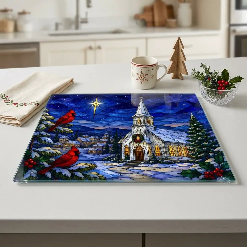 Christmas Church Glass Cutting Board, Cardinal Stained Glass Decor, Christian Christmas Kitchen Gift, Religious Holiday Decor