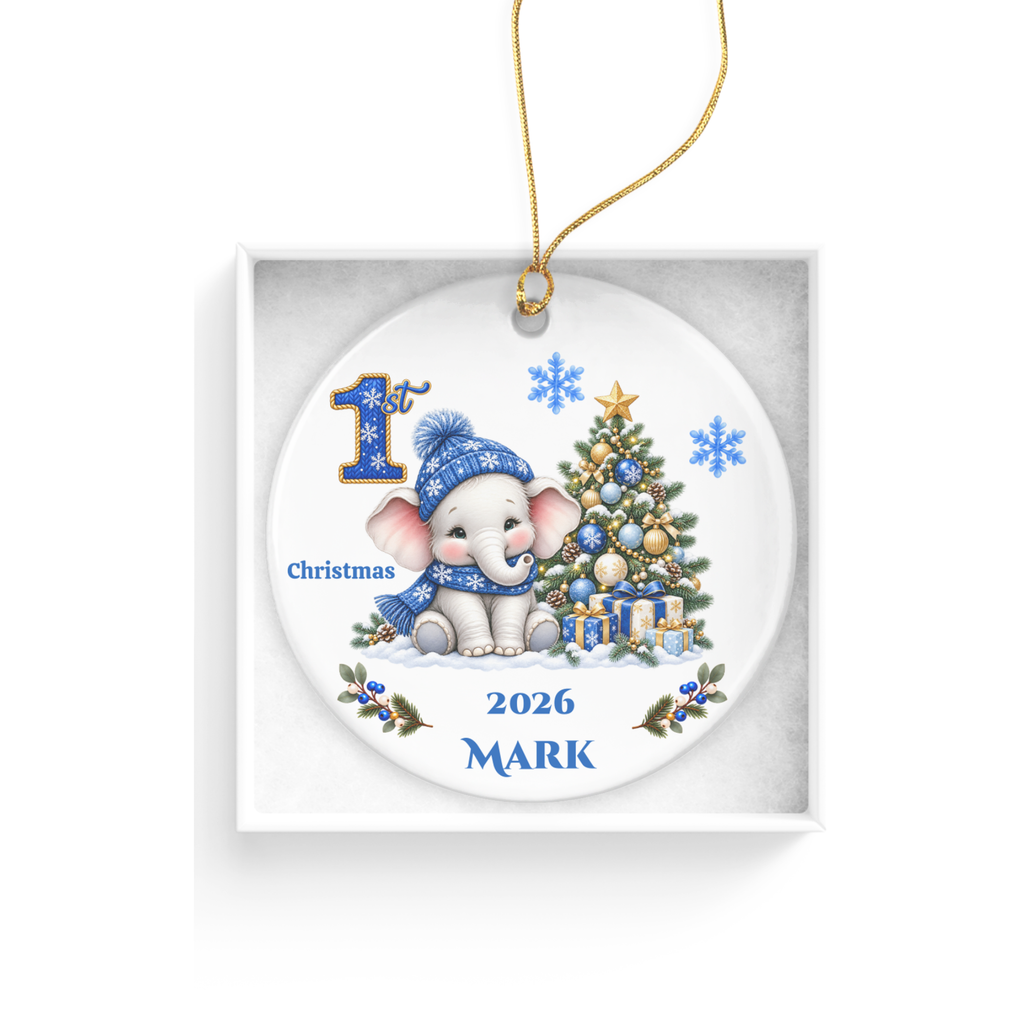 Elephant Baby Personalized Christmas Ornament, Baby's 1st 2nd 3rd Christmas, Custom Name Year Ceramic Keepsake, Girl Gift