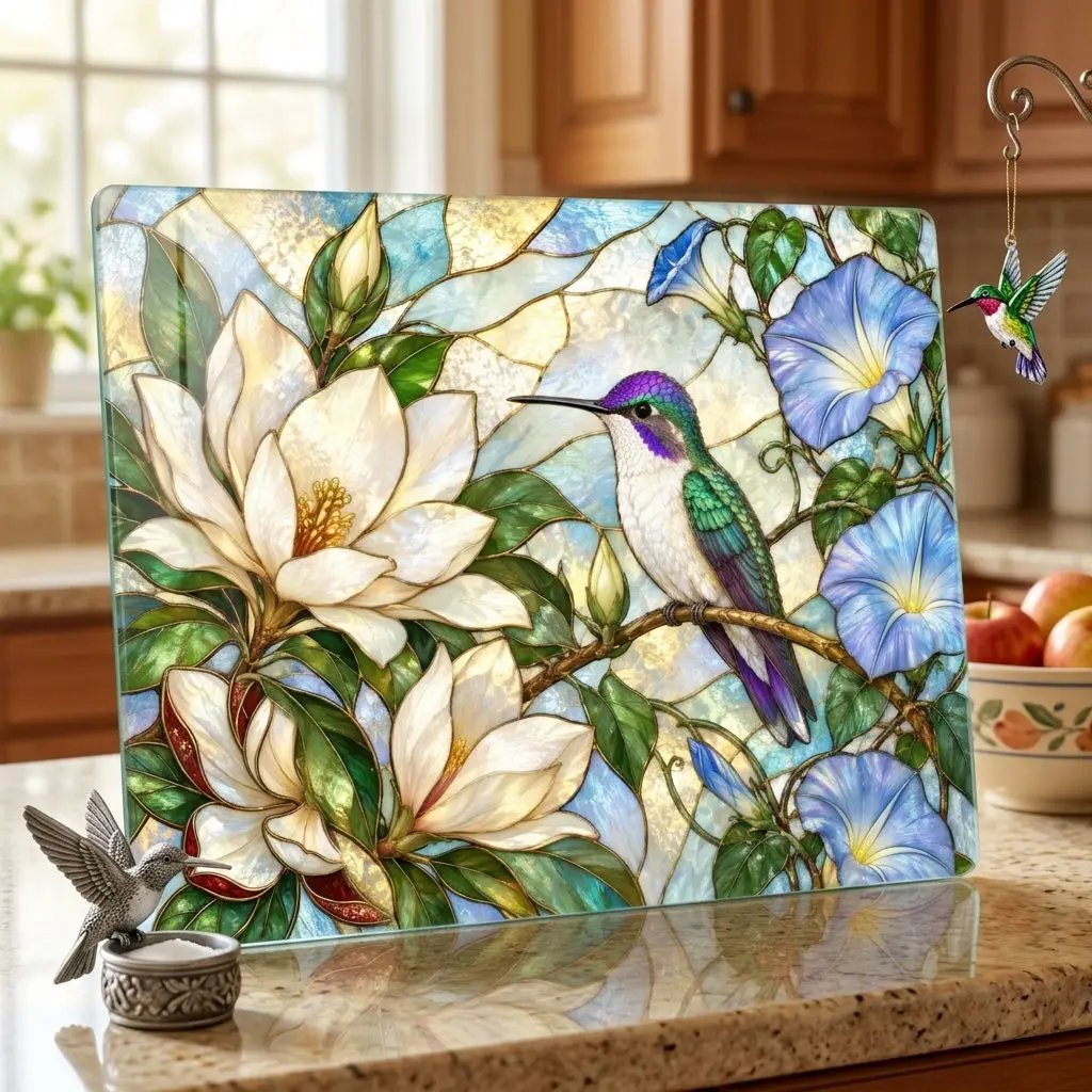 Hummingbird Cutting Board, Stained Glass Bird Decor, Magnolia Flower Kitchen Decor, Morning Glory Gift, Nature Lover Gift