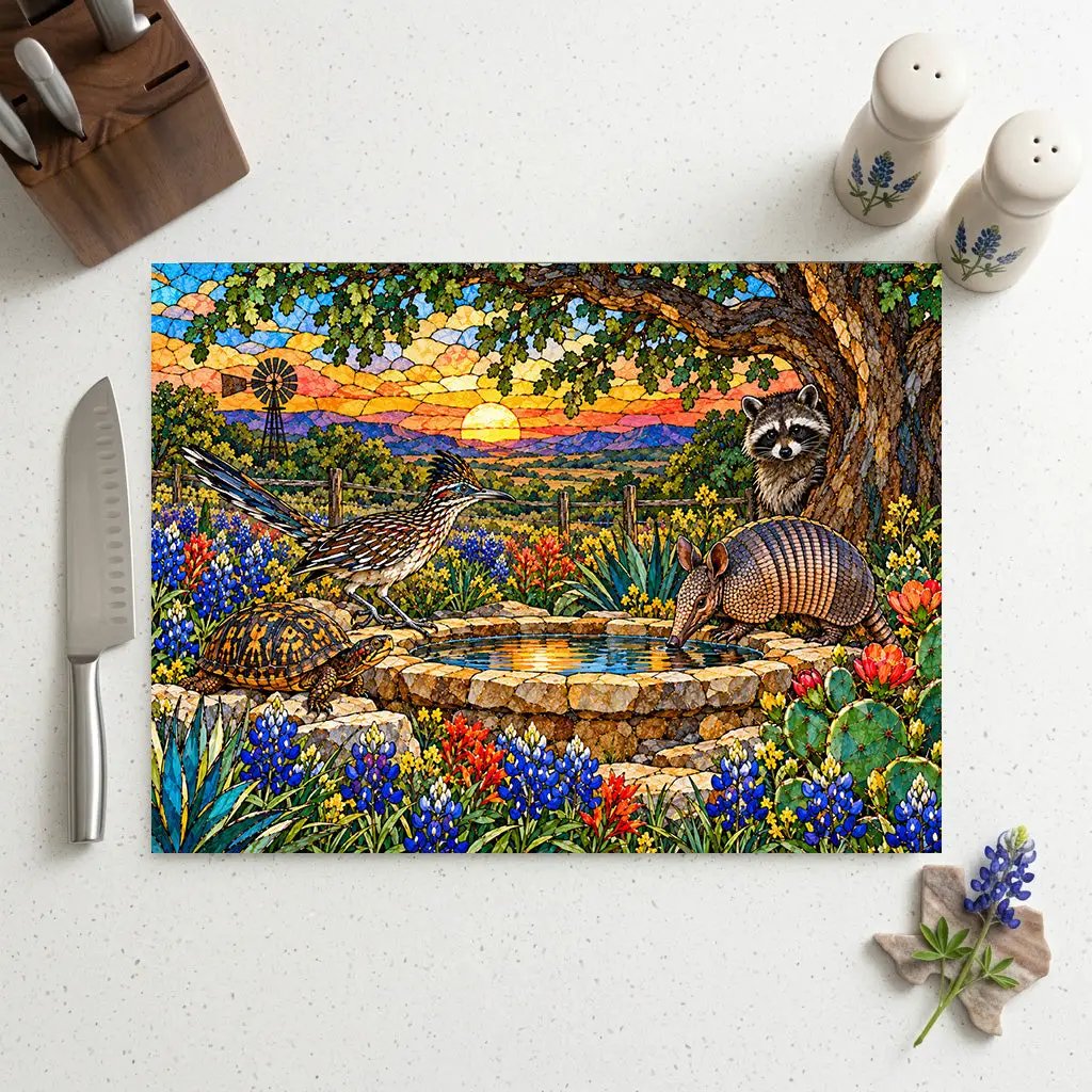 Texas Wildlife Glass Cutting Board, Roadrunner Armadillo Raccoon Bluebonnet Kitchen Decor, Waterhole Texas Gift, Colorful Southwest Art