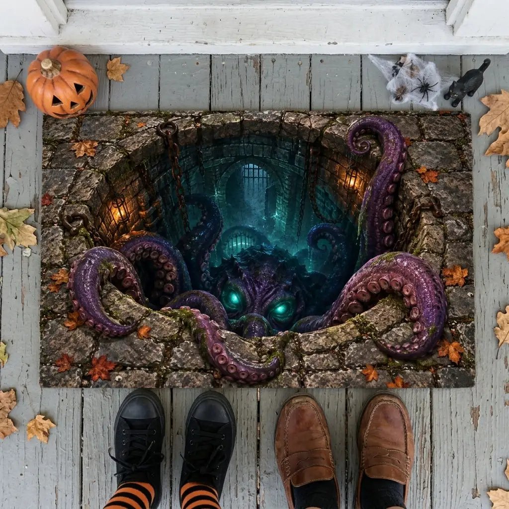 Tentacle Monster 3D Optical Illusion Doormat, Creepy Dungeon Floor Mat, Scary Octopus Monster Door Mat, Horror Halloween Decor