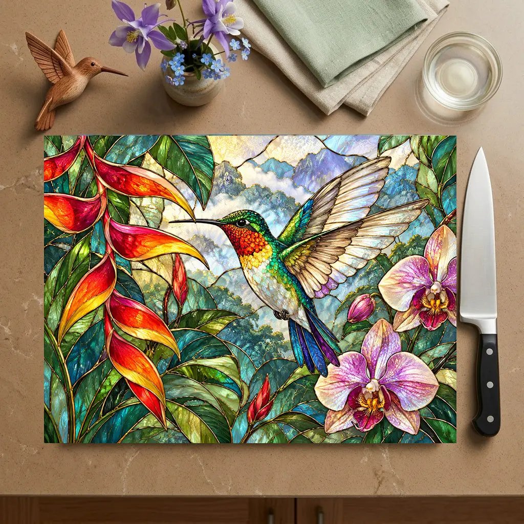 Hummingbird Cutting Board, Stained Glass Bird Decor, Tropical Orchid Kitchen Decor, Floral Hummingbird Gift, Nature Lover Gift