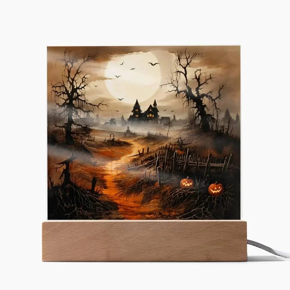 Eerie Elegance: Haunted Mansion Acrylic Halloween Plaque with LED Lighted Wooden Base