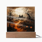 Eerie Elegance: Haunted Mansion Acrylic Halloween Plaque with LED Lighted Wooden Base
