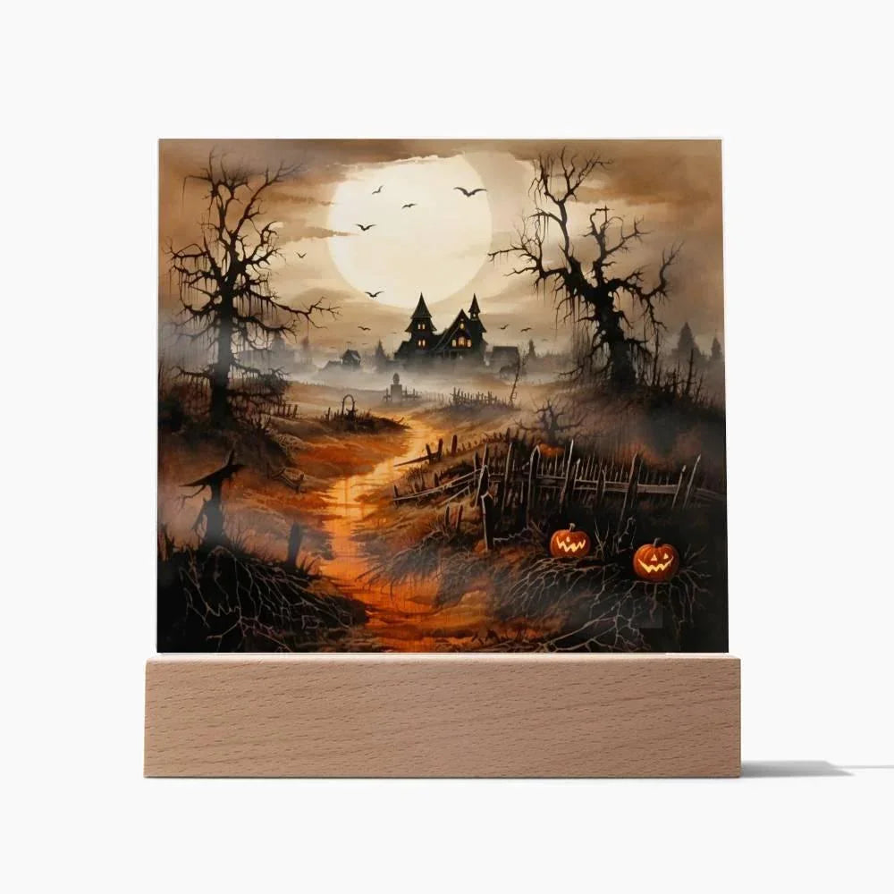 Eerie Elegance: Haunted Mansion Acrylic Halloween Plaque with LED Lighted Wooden Base
