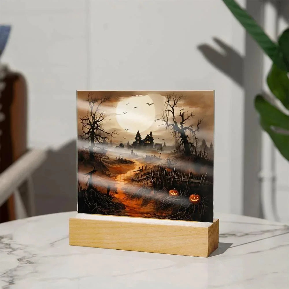 Eerie Elegance: Haunted Mansion Acrylic Halloween Plaque with LED Lighted Wooden Base