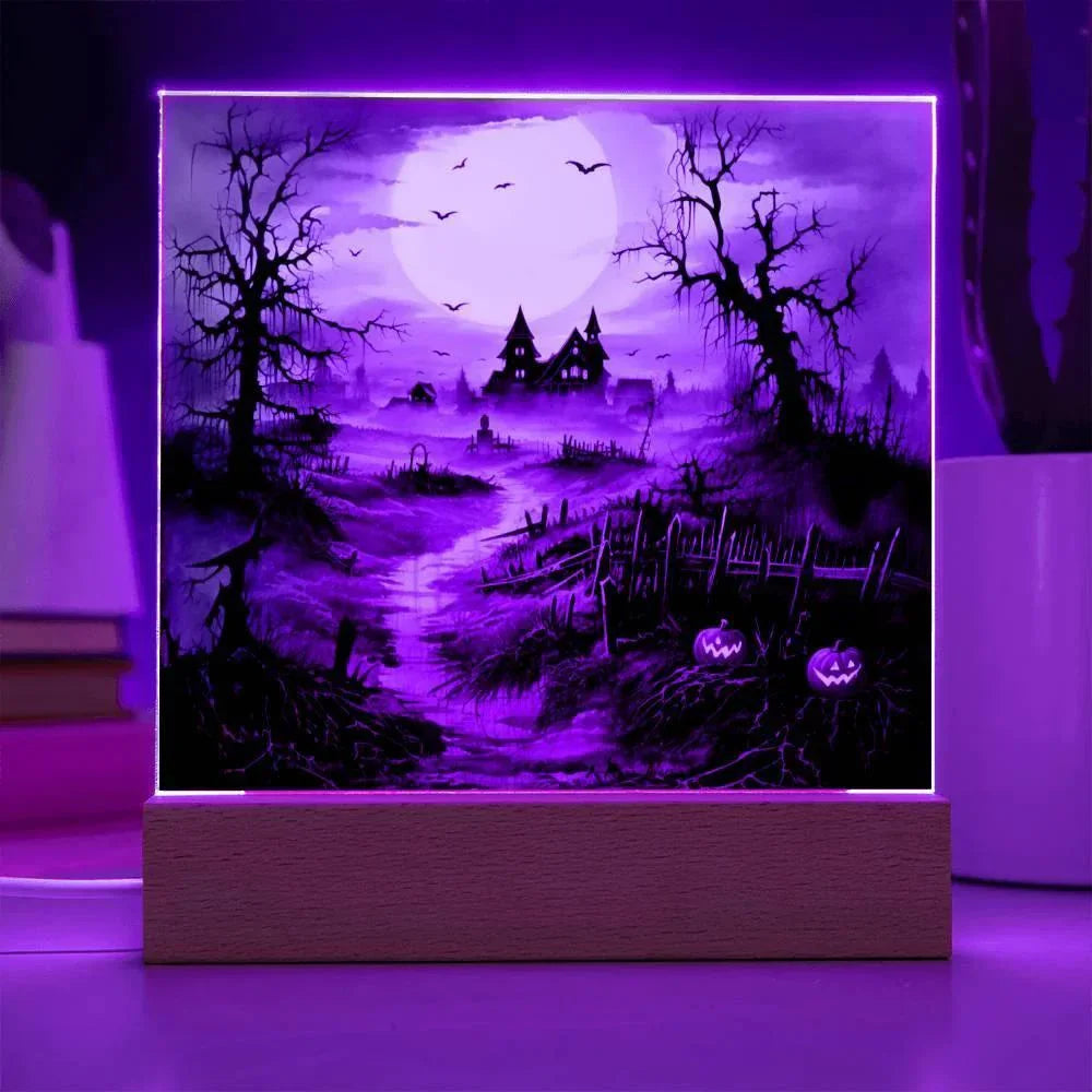 Eerie Elegance: Haunted Mansion Acrylic Halloween Plaque with LED Lighted Wooden Base