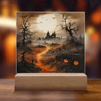 Eerie Elegance: Haunted Mansion Acrylic Halloween Plaque with LED Lighted Wooden Base