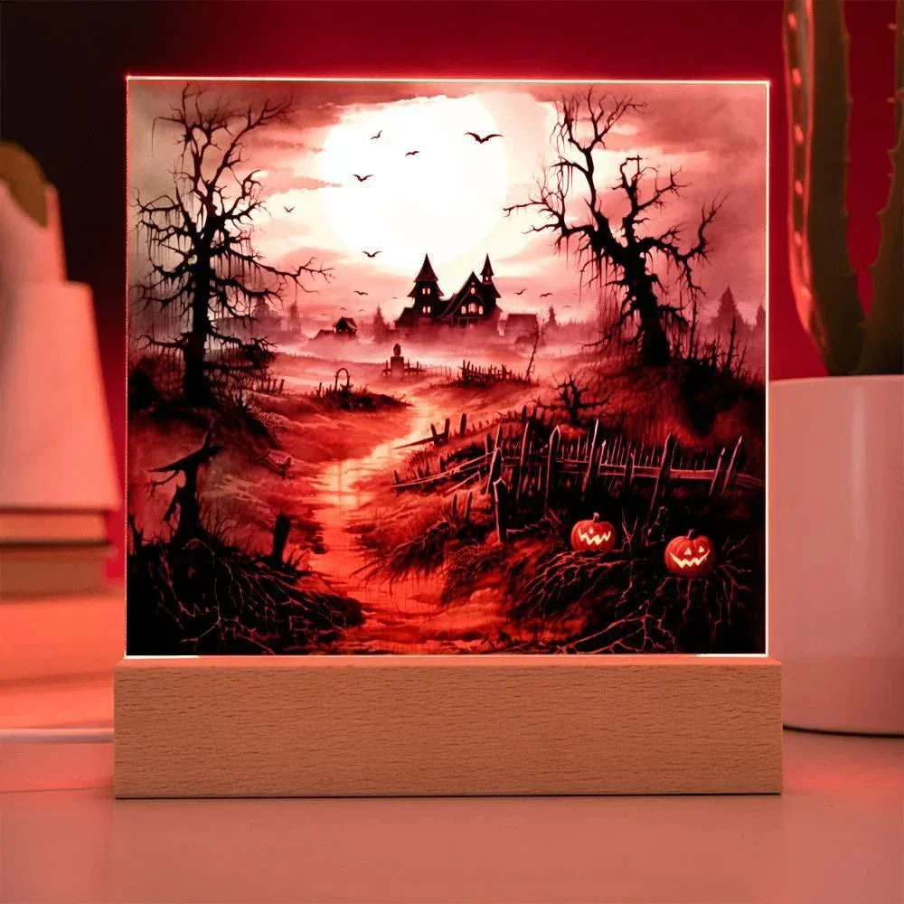 Eerie Elegance: Haunted Mansion Acrylic Halloween Plaque with LED Lighted Wooden Base