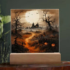 Eerie Elegance: Haunted Mansion Acrylic Halloween Plaque with LED Lighted Wooden Base