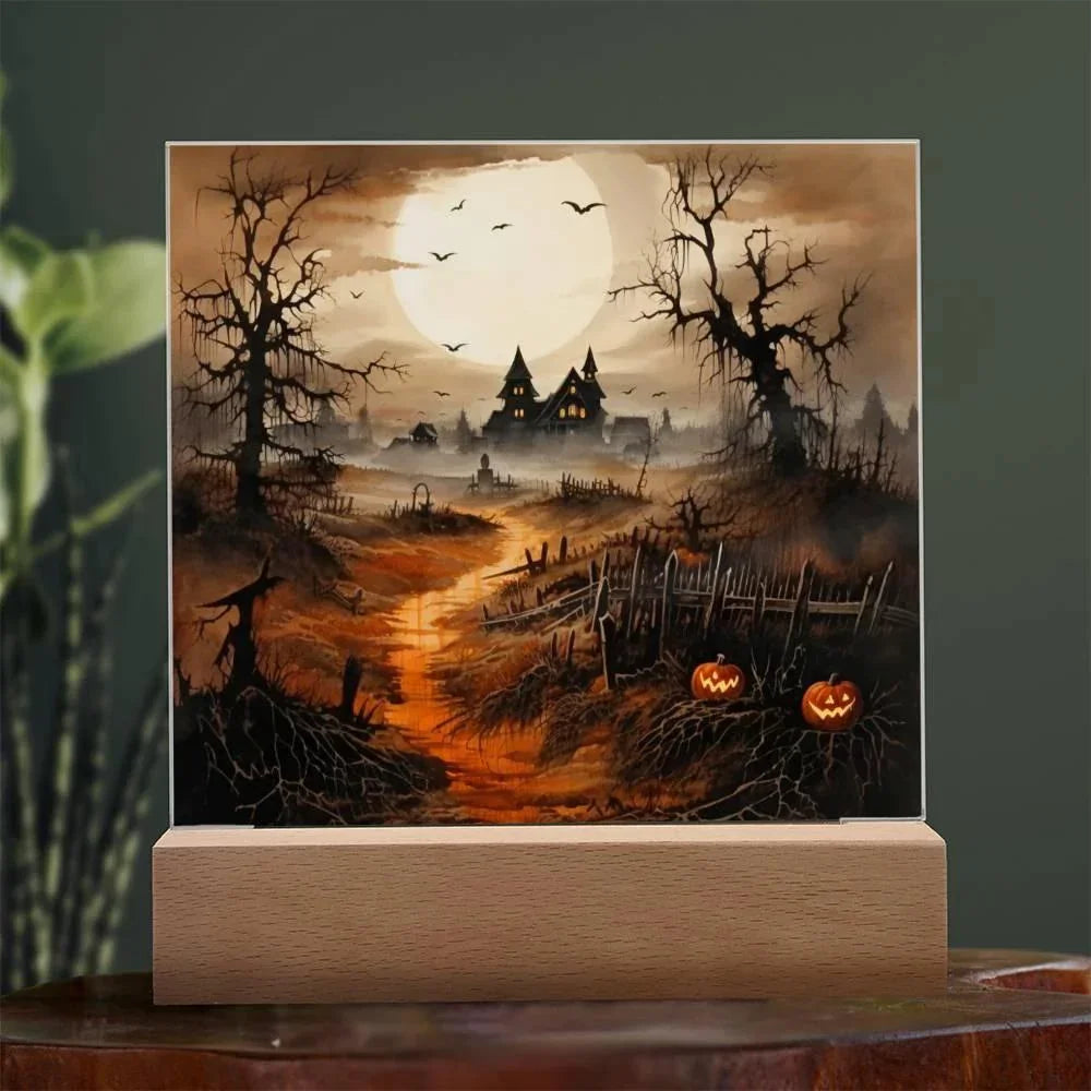 Eerie Elegance: Haunted Mansion Acrylic Halloween Plaque with LED Lighted Wooden Base