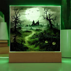 Eerie Elegance: Haunted Mansion Acrylic Halloween Plaque with LED Lighted Wooden Base