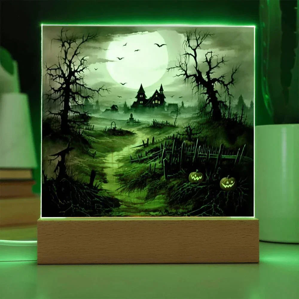 Eerie Elegance: Haunted Mansion Acrylic Halloween Plaque with LED Lighted Wooden Base