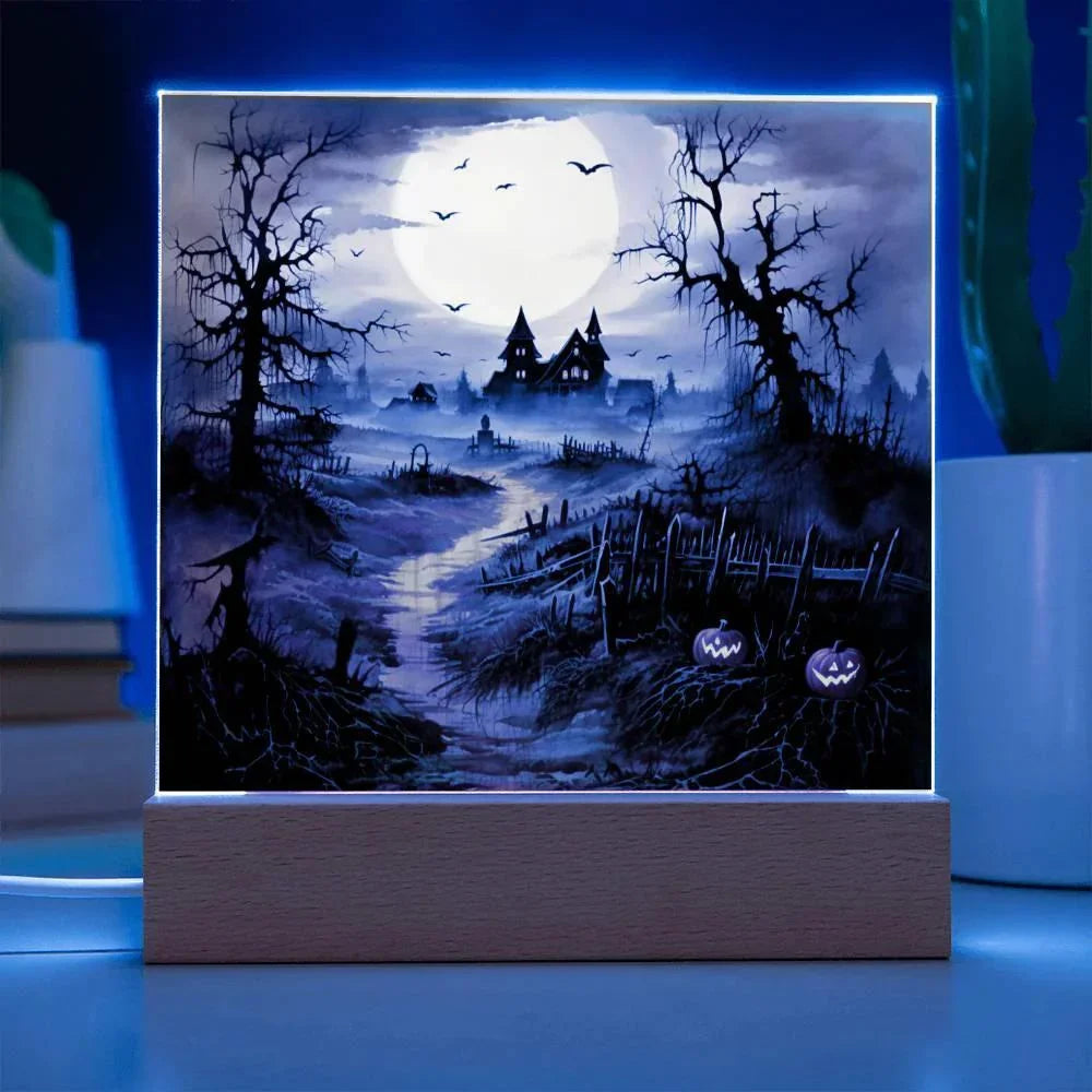 Eerie Elegance: Haunted Mansion Acrylic Halloween Plaque with LED Lighted Wooden Base