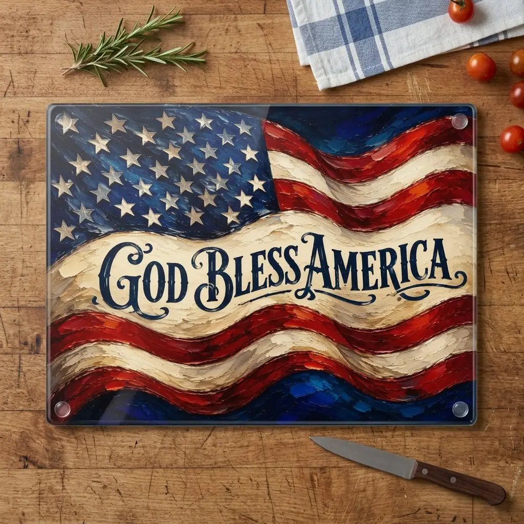 God Bless America Cutting Board, American Flag Glass Cutting Board, Patriotic Kitchen Decor, Christian USA Gift, Americana Home Decor