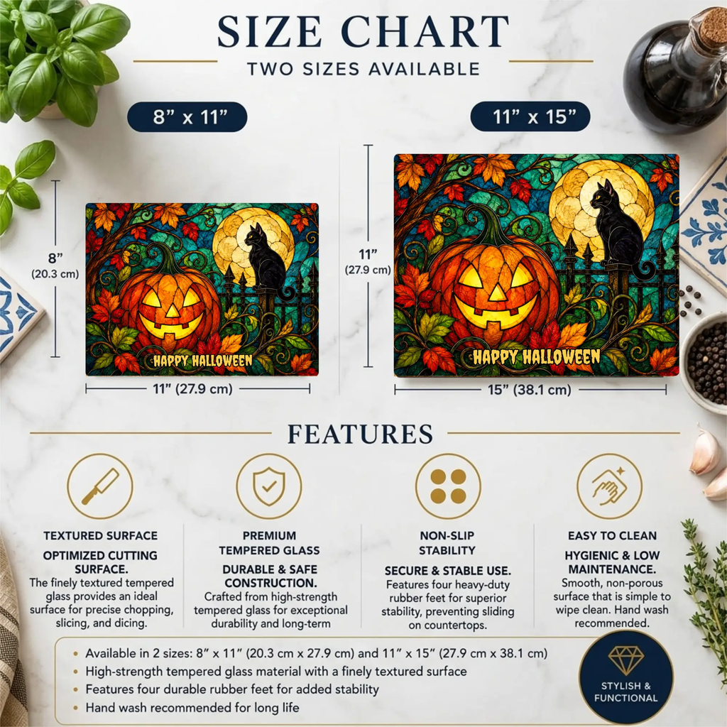 Halloween Black Cat and Jack-O-Lantern Personalized Glass Cutting Board, Spooky Pumpkin Kitchen Decor