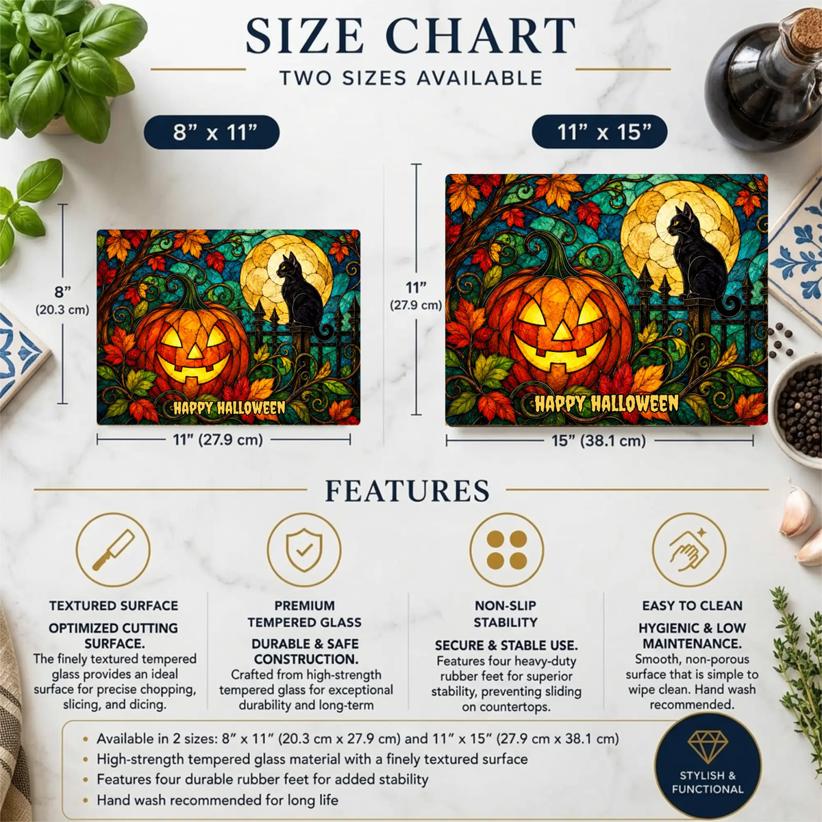 Halloween Black Cat and Jack-O-Lantern Personalized Glass Cutting Board, Spooky Pumpkin Kitchen Decor