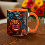 Stained Glass Pumpkin Halloween Ceramic Two Toned Accent Color Mug – Vibrant Jack-O'-Lantern Coffee Cup