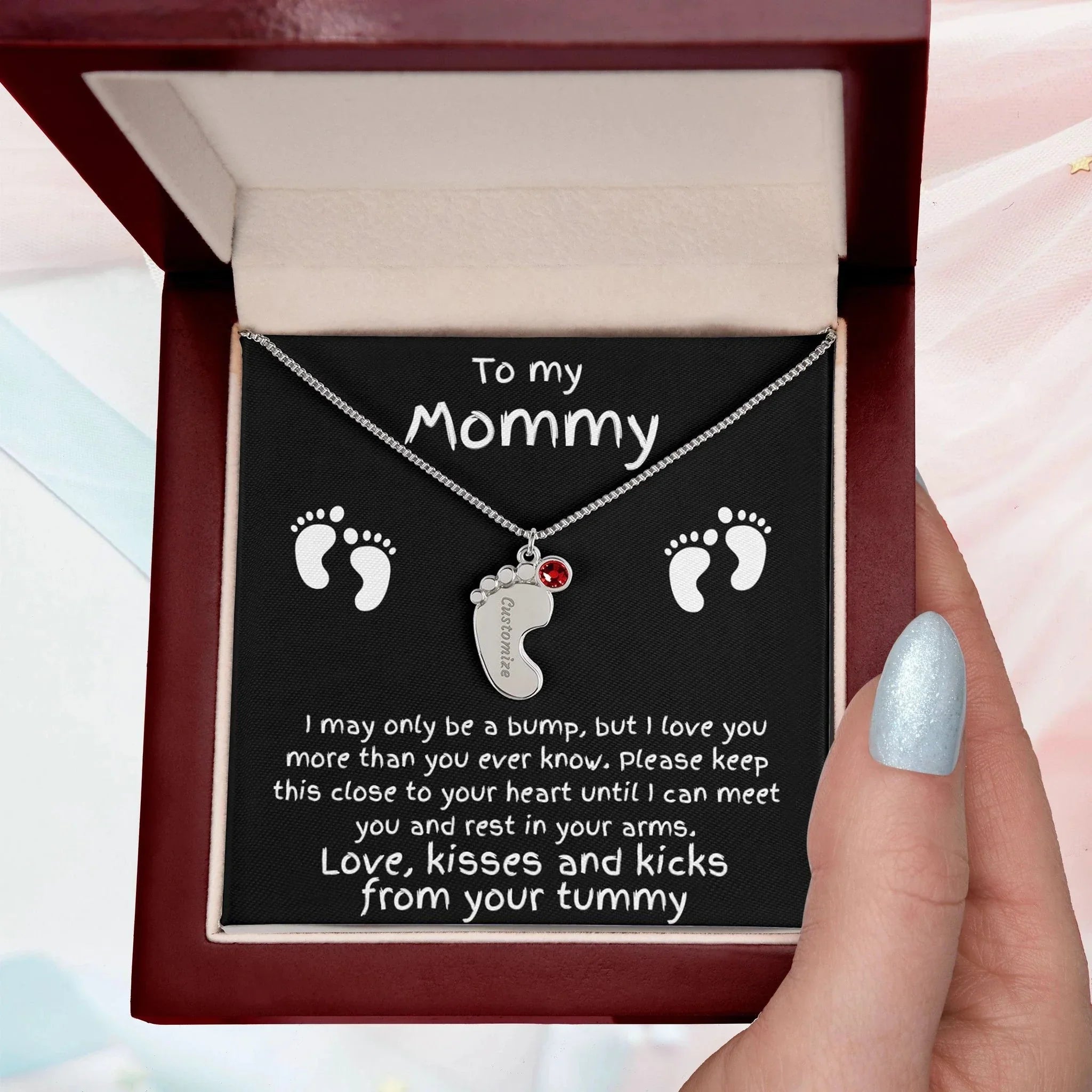 Expectant Mom Gift from the Bump Engraved Baby Feet Birthstone Charm Necklace