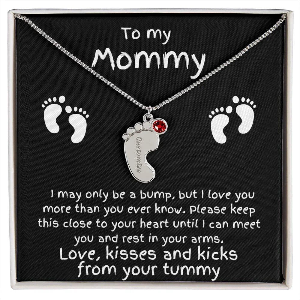 Expectant Mom Gift from the Bump Engraved Baby Feet Birthstone Charm Necklace