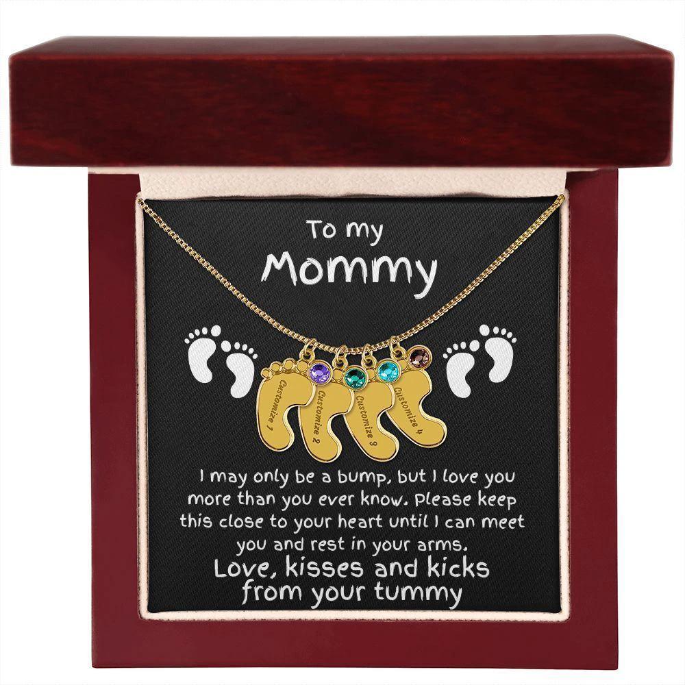 Expectant Mom Gift from the Bump Engraved Baby Feet Birthstone Charm Necklace