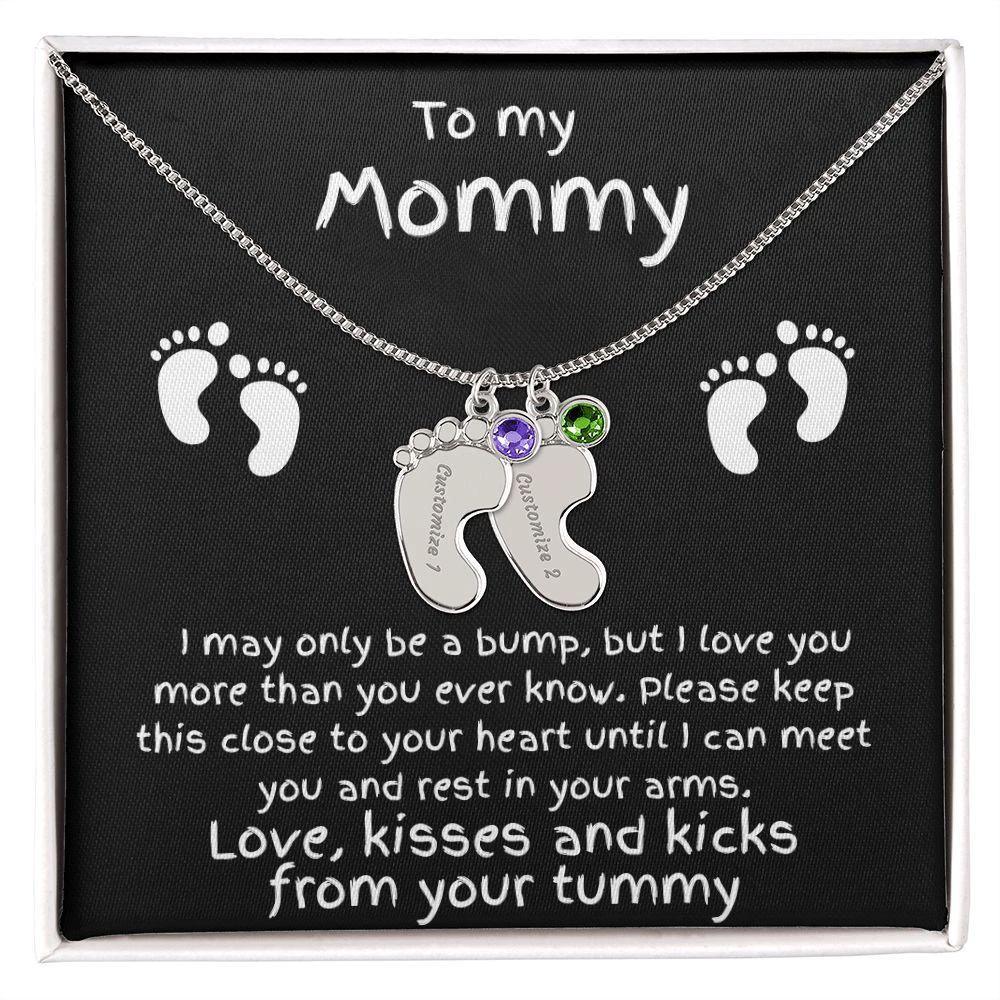 Expectant Mom Gift from the Bump Engraved Baby Feet Birthstone Charm Necklace