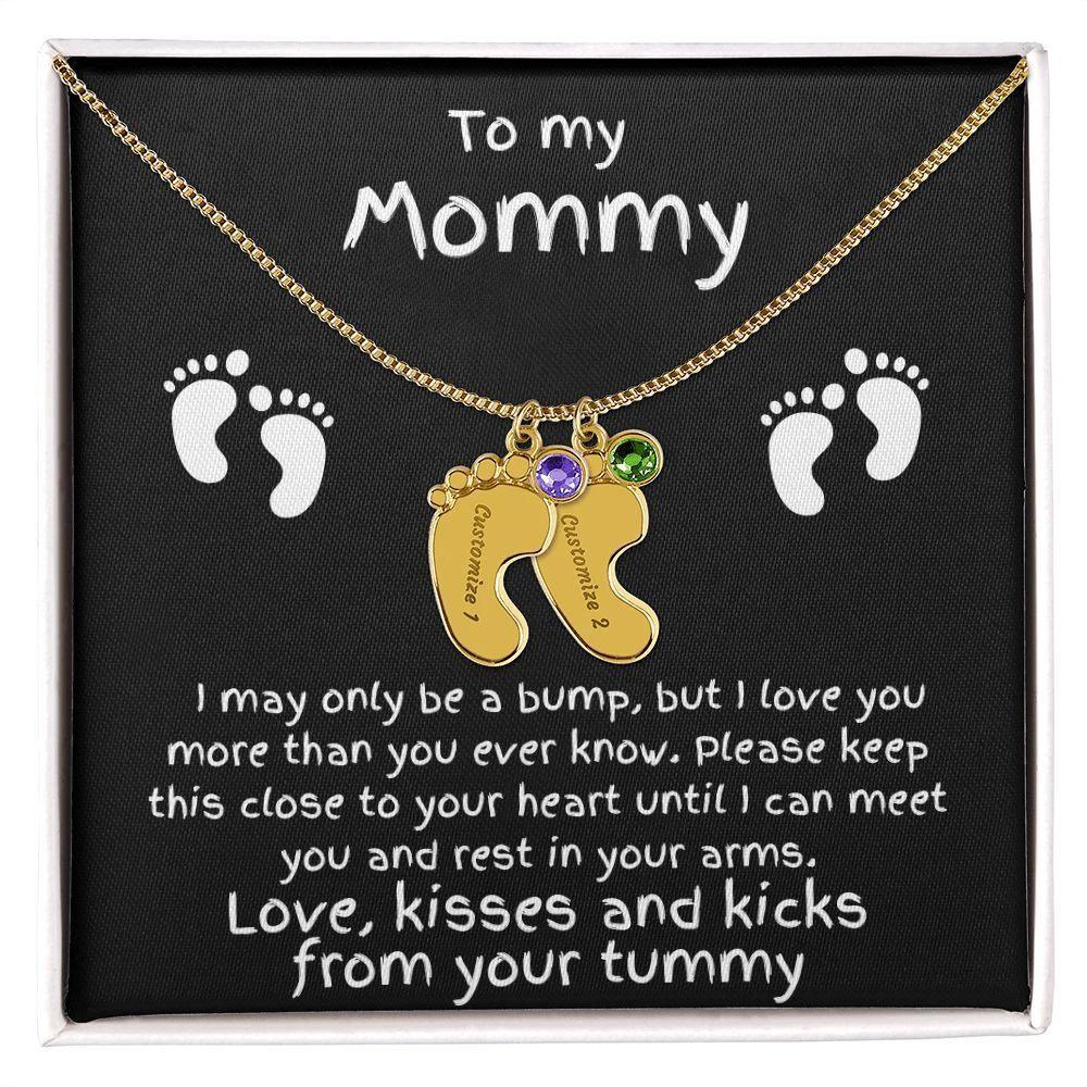 Expectant Mom Gift from the Bump Engraved Baby Feet Birthstone Charm Necklace