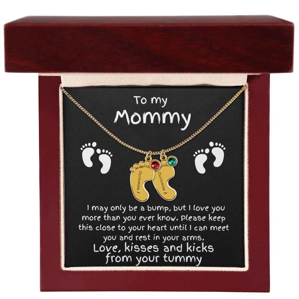Expectant Mom Gift from the Bump Engraved Baby Feet Birthstone Charm Necklace